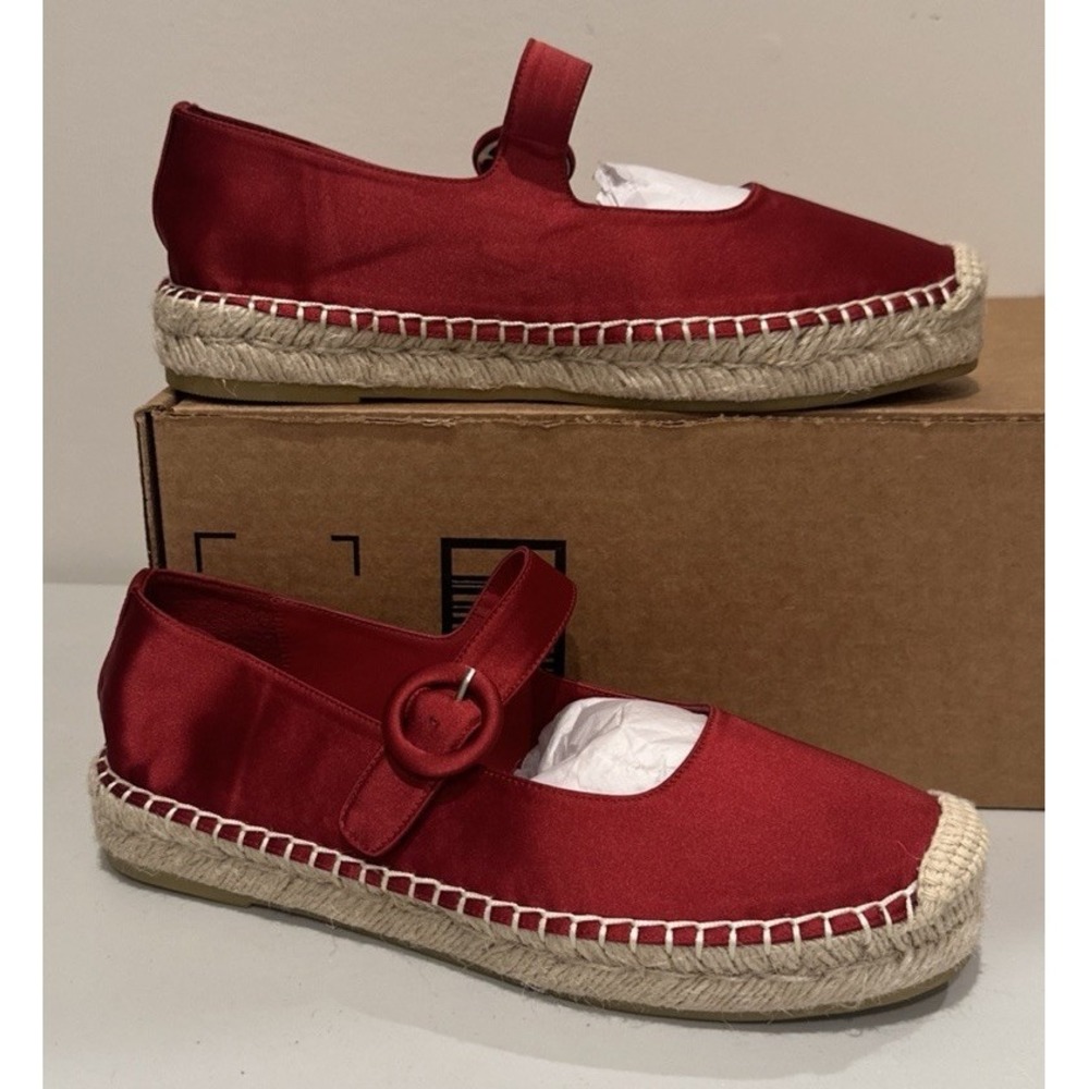 Anthropologie Jeffrey Campbell Sz 7.5 Ariel Mary Jane Espadrille Flats Red Satin